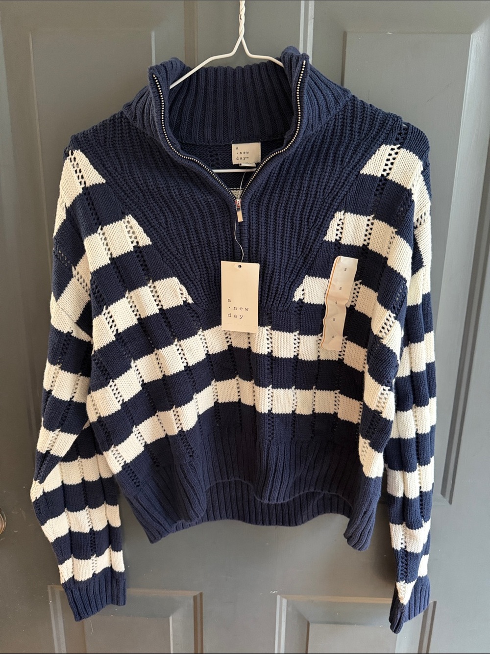 a new day Navy and White Striped Half-Zip Cowl Sweater